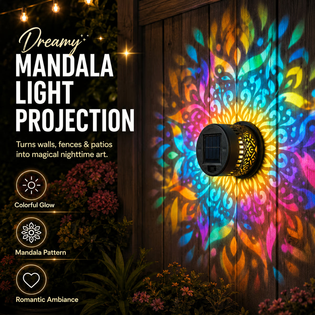 Solar Mandala Projector Light – Waterproof Metal Outdoor Wall & Fence Light for Garden, Patio & Yard