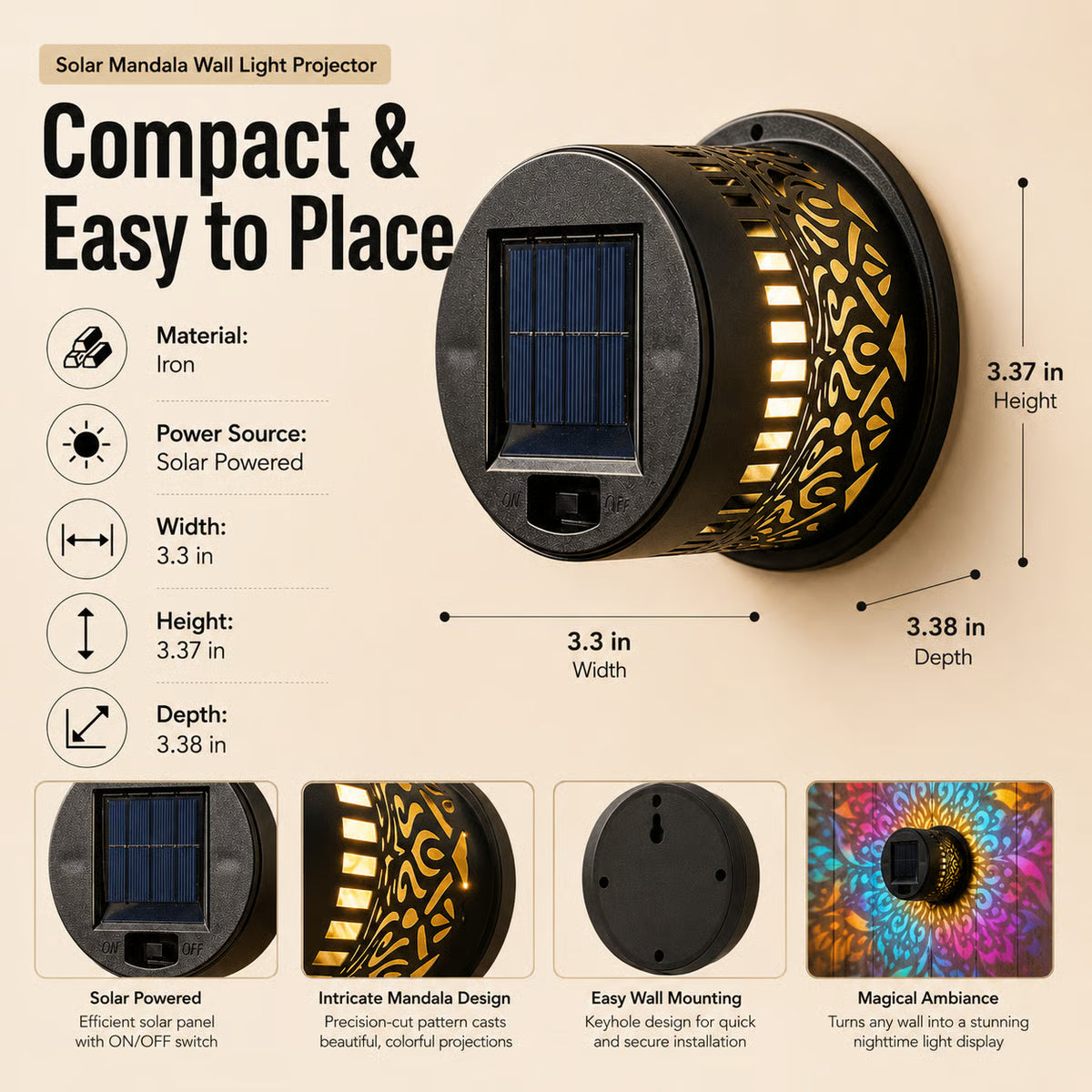 Solar Mandala Projector Light – Waterproof Metal Outdoor Wall & Fence Light for Garden, Patio & Yard