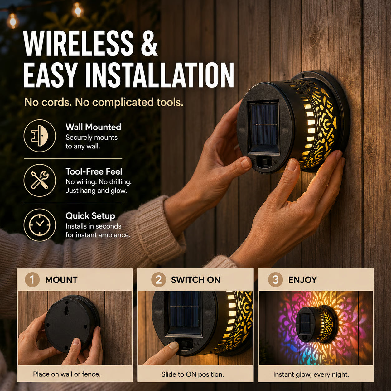 Solar Mandala Projector Light – Waterproof Metal Outdoor Wall & Fence Light for Garden, Patio & Yard